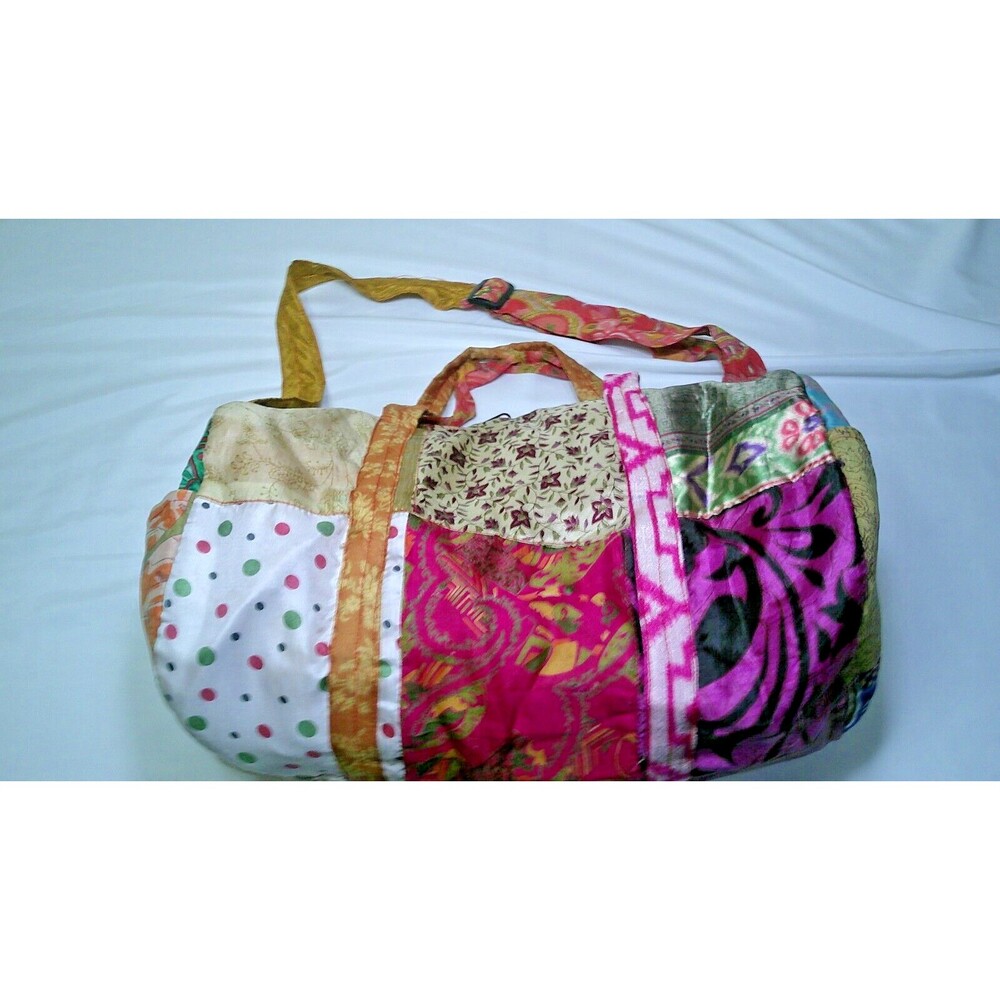 Silly Yeti Boho Hippie Duffle Bag w/ Strap Multicolor Patchwork Pattern 16x12x9